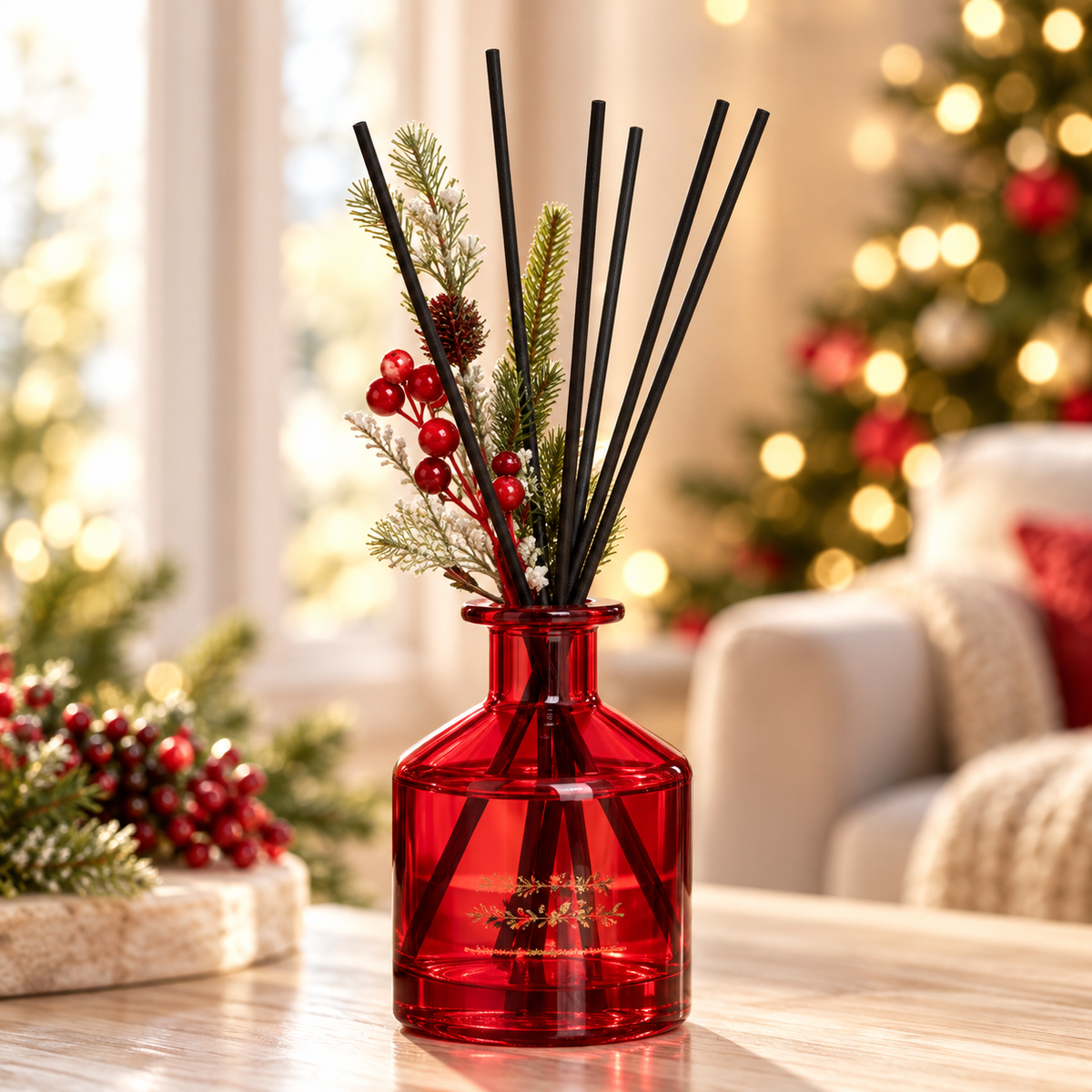 Christmas Warmth с шест черни пръчици и декоративни клонки — изображение, обработено с AI